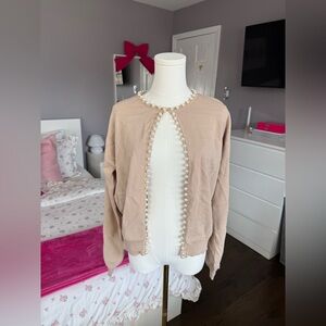 Elegant Tan Sweater with Pearl Detailing